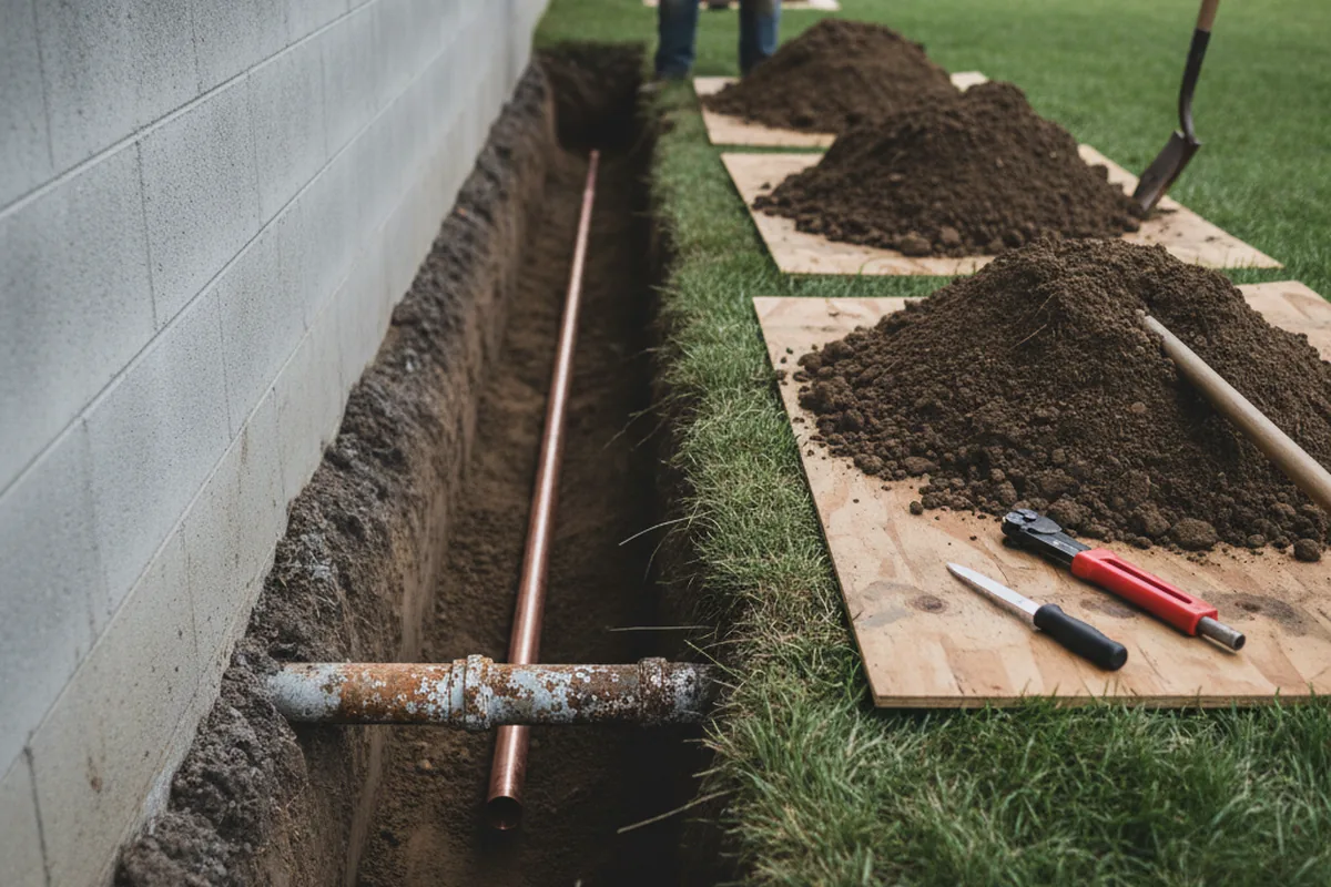 Excavated water line trench during Water Softener Installation in Banner